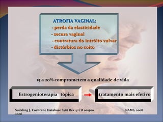 Estrogenioterapia  tópica  tratamento mais efetivo   ATROFIA VAGINAL: -   perda da elasticidade  - secura vaginal   - contratura do intróito vulvar - distúrbios no coito 15 a 20% comprometem a qualidade de vida NAMS, 2008 Suckling J,  Cochrane Database Sy s t Rev  4: CD 001500  2006 