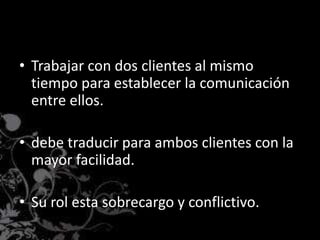 • Trabajar con dos clientes al mismo
tiempo para establecer la comunicación
entre ellos.
• debe traducir para ambos clientes con la
mayor facilidad.
• Su rol esta sobrecargo y conflictivo.
 