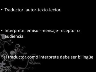 • Traductor: autor-texto-lector.
• Interprete: emisor-mensaje-receptor o
audiencia.
*el traductor como interprete debe ser bilingüe
.
 
