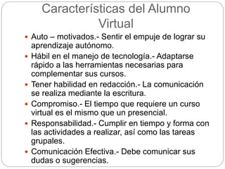 Características del Alumno 
Virtual 
 Auto – motivados.- Sentir el empuje de lograr su 
aprendizaje autónomo. 
 Hábil en el manejo de tecnología.- Adaptarse 
rápido a las herramientas necesarias para 
complementar sus cursos. 
 Tener habilidad en redacción.- La comunicación 
se realiza mediante la escritura. 
 Compromiso.- El tiempo que requiere un curso 
virtual es el mismo que un presencial. 
 Responsabilidad.- Cumplir en tiempo y forma con 
las actividades a realizar, así como las tareas 
grupales. 
 Comunicación Efectiva.- Debe comunicar sus 
dudas o sugerencias. 
 