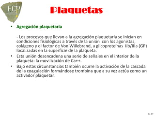 Plaquetas
• Agregación plaquetaria

  - Los procesos que llevan a la agregación plaquetaria se inician en
  condiciones fisiológicas a través de la unión con los agonistas,
  colágeno y el factor de Von Willebrand, a glicoproteínas Iib/IIIa (GP)
  localizadas en la superficie de la plaqueta.
• Esta unión desencadena una serie de señales en el interior de la
  plaqueta: la movilización de Ca++.
• Bajo estas circunstancias también ocurre la activación de la cascada
  de la coagulación formándose trombina que a su vez actúa como un
  activador plaquetar.




                                                                           Dr. JFF
 