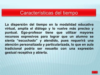 La dispersión del tiempo en la modalidad educativa
virtual, amplía el diálogo y lo vuelve más preciso y
puntual. Ego-profesor tiene que utilizar mayores
recursos expresivos para lograr que un alumno se
sienta “escuchado” y atendido, pues requerirá una
atención personalizada y particularizada, lo que en aula
tradicional podría ser resuelto con una expresión
gestual receptiva y abierta.
 