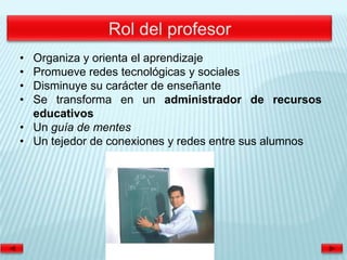 • Organiza y orienta el aprendizaje
• Promueve redes tecnológicas y sociales
• Disminuye su carácter de enseñante
• Se transforma en un administrador de recursos
  educativos
• Un guía de mentes
• Un tejedor de conexiones y redes entre sus alumnos
 