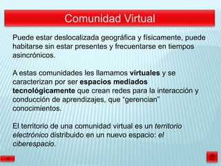 Puede estar deslocalizada geográfica y físicamente, puede
habitarse sin estar presentes y frecuentarse en tiempos
asincrónicos.

A estas comunidades les llamamos virtuales y se
caracterizan por ser espacios mediados
tecnológicamente que crean redes para la interacción y
conducción de aprendizajes, que “gerencian”
conocimientos.

El territorio de una comunidad virtual es un territorio
electrónico distribuido en un nuevo espacio: el
ciberespacio.
 