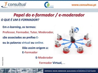 Mod.CF.066/00
Papel do e-formador / e-moderador
[ Maio 2010 ]
Em e-learning, os termos:
Professor, Formador, Tutor, Moderador,
são associados ao prefixo E-
ou às palavras virtual ou online.
Dão assim origem a:
E-Formador
E-Moderador
Formador Virtual, …
O QUE É UM E-FORMADOR?
 