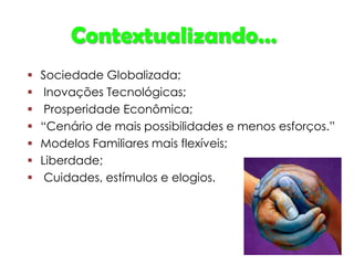 Contextualizando…
 Sociedade Globalizada;
 Inovações Tecnológicas;
 Prosperidade Econômica;
 “Cenário de mais possibilidades e menos esforços.”
 Modelos Familiares mais flexíveis;
 Liberdade;
 Cuidades, estímulos e elogios.
 