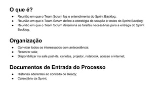 O que é?
● Reunião em que o Team Scrum faz o entendimento do Sprint Backlog;
● Reunião em que o Team Scrum define a estratégia de solução e testes do Sprint Backlog;
● Reunião em que o Team Scrum determina as tarefas necessárias para a entrega do Sprint
Backlog;
Organização
● Convidar todos os interessados com antecedência;
● Reservar sala;
● Disponibilizar na sala post-its, canetas, projetor, notebook, acesso a internet;
Documentos de Entrada do Processo
● Histórias aderentes ao conceito de Ready;
● Calendário da Sprint;
 