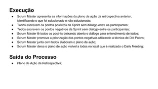 Execução
● Scrum Master apresenta as informações do plano de ação da retrospectiva anterior,
identificando o que foi solucionado e não solucionado;
● Todos escrevem os pontos positivos da Sprint sem diálogo entre os participantes;
● Todos escrevem os pontos negativos da Sprint sem diálogo entre os participantes;
● Scrum Master lê todos os post-its deixando aberto o diálogo para entendimento de todos;
● Scrum Master promove a priorização dos pontos negativos utilizando a técnica de Dot Poitns;
● Scrum Master junto com todos elaboram o plano de ação;
● Scrum Master deixa o plano de ação visível a todos no local que é realizado o Daily Meeting;
Saída do Processo
● Plano de Ação da Retrospectiva;
 