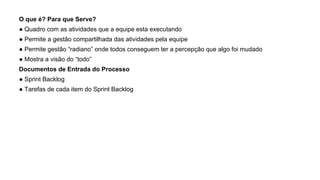 O que é? Para que Serve?
● Quadro com as atividades que a equipe esta executando
● Permite a gestão compartilhada das atividades pela equipe
● Permite gestão “radiano” onde todos conseguem ter a percepção que algo foi mudado
● Mostra a visão do “todo”
Documentos de Entrada do Processo
● Sprint Backlog
● Tarefas de cada item do Sprint Backlog
 