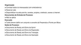 Organização
● Convidar todos os interessados com antecedencia
● Reservar sala
● Disponibilizar na sala post-its, canetas, projetos, notebook, acesso a internet
Documentos de Entrada do Processo
● Não se aplica
Execução
● Todos devem definir em conjunto o conceito de Preparado e Pronto por Bloco
Saída do Processo
● Documento de Ready and Done da Sprint
● Documento de Ready and Done da Regressão
● Documento de Ready and Done da Transição
● Documento de Ready and Done da Operação
 