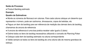 Saída do Processo
● Product Backlog estimado
Exemplo
Quadro de Estimativas
● Monte os números de fibonacci em colunas. Para cada coluna coloque um desenho que
representa o número, pode ser cachorros, dinossauros, copos de bebidas, etc
● Pegue um item de backlog para ser referencia de medição dos demais itens de backlog,
chamamos de ancora de referencia
● A ancora de referencia é uma boa pratica receber valor igual a 2 (dois)
● Estime todos os itens de backlog necessários utilizando o conceito de Planning Poker
● Coloque cada item de backlog estimado na coluna correspondente
● Valide sempre se todos os itens de backlog de uma coluna são de mesma grandeza de
esforço.
 