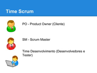 Time Scrum 
PO - Product Owner (Cliente) 
SM - Scrum Master 
Time Desenvolvimento (Desenvolvedores e 
Tester) 
 