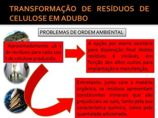 Aproximadamente 48 t
de resíduos para cada 100
t de celulose produzida.
PROBLEMAS DE ORDEM AMBIENTAL
A opção por aterro sanitário
para disposição final destes
resíduos é inviável, em
função dos altos custos para
implantação e manutenção,
Entretanto, junto com a matéria
orgânica, os resíduos apresentam
constituintes minerais que são
prejudiciais ao solo, tanto pela sua
característica química, como pela
quantidade adicionada.
 