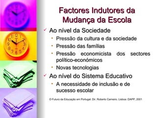Factores Indutores da Mudança da Escola Ao nível da Sociedade Pressão  da cultura e da sociedade Pressão das famílias Pressão economicista dos sectores político-económicos Novas tecnologias Ao nível do Sistema Educativo A necessidade de inclusão e de sucesso escolar O Futuro da Educação em Portugal. Dir. Roberto Carneiro. Lisboa: DAPP, 2001 