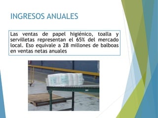 INGRESOS ANUALES
Las ventas de papel higiénico, toalla y
servilletas representan el 65% del mercado
local. Eso equivale a 28 millones de balboas
en ventas netas anuales
 