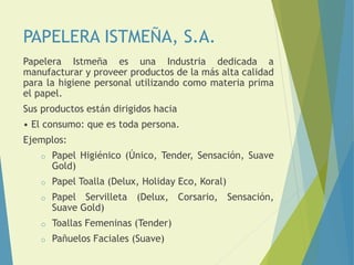 PAPELERA ISTMEÑA, S.A.
Papelera Istmeña es una Industria dedicada a
manufacturar y proveer productos de la más alta calidad
para la higiene personal utilizando como materia prima
el papel.
Sus productos están dirigidos hacia
• El consumo: que es toda persona.
Ejemplos:
o Papel Higiénico (Único, Tender, Sensación, Suave
Gold)
o Papel Toalla (Delux, Holiday Eco, Koral)
o Papel Servilleta (Delux, Corsario, Sensación,
Suave Gold)
o Toallas Femeninas (Tender)
o Pañuelos Faciales (Suave)
 