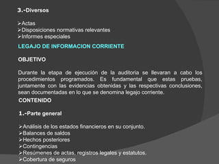 3.- Diversos    Actas  Disposiciones normativas relevantes  Informes especiales LEGAJO DE INFORMACION CORRIENTE   OBJETIVO   Durante la etapa de ejecución de la auditoria se llevaran a cabo los procedimientos programados. Es fundamental que estas pruebas, juntamente con las evidencias obtenidas y las respectivas conclusiones, sean documentadas en lo que se denomina legajo corriente. CONTENIDO   1.- Parte general    Análisis de los estados financieros en su conjunto.  Balances de saldos  Hechos posteriores  Contingencias  Resúmenes de actas, registros legales y estatutos.  Cobertura de seguros 