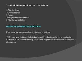 2.- Secciones especificas por componente    Planilla llave  Conclusiones  Notas  Programas de auditoria  Planilla de detalles LEGAJO RESUMEN DE AUDITORIA Esta información posee los siguientes  objetivos:      Brindar una visión global de la ejecución y finalización de la auditoria.    Resumir las conclusiones y decisiones significativas alcanzadas durante el examen.  