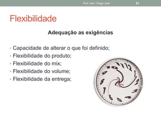 Prof. Adm. Diego José   21




Flexibilidade
                Adequação as exigências

• Capacidade de alterar o que foi definido;
• Flexibilidade do produto;
• Flexibilidade do mix;
• Flexibilidade do volume;
• Flexibilidade da entrega;
 
