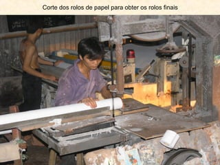 Corte dos rolos de papel para obter os rolos finais

 