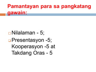 Pamantayan para sa pangkatang
gawain:
 Nilalaman - 5;
 Presentasyon -5;
Kooperasyon -5 at
Takdang Oras - 5
 
