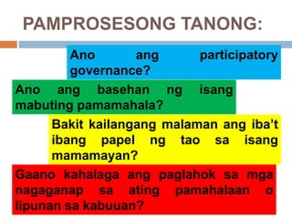PAMPROSESONG TANONG:
Ano ang participatory
governance?
Ano ang basehan ng isang
mabuting pamamahala?
Bakit kailangang malaman ang iba’t
ibang papel ng tao sa isang
mamamayan?
Gaano kahalaga ang paglahok sa mga
nagaganap sa ating pamahalaan o
lipunan sa kabuuan?
 