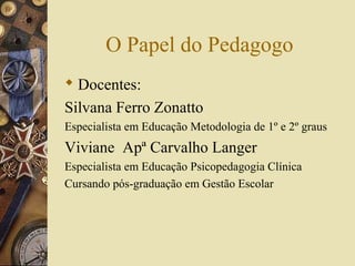 O Papel do Pedagogo
 Docentes:
Silvana Ferro Zonatto
Especialista em Educação Metodologia de 1º e 2º graus
Viviane Apª Carvalho Langer
Especialista em Educação Psicopedagogia Clínica
Cursando pós-graduação em Gestão Escolar
 