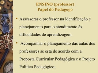 ENSINO (professor)
Papel do Pedagogo
 Assessorar o professor na identificação e
planejamento para o atendimento às
dificuldades de aprendizagem.
 Acompanhar o planejamento das aulas dos
professores se está de acordo com a
Proposta Curricular Pedagógica e o Projeto
Político Pedagógico;
 