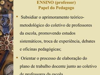 ENSINO (professor)
Papel do Pedagogo
 Subsidiar o aprimoramento teórico-
metodológico do coletivo de professores
da escola, promovendo estudos
sistemáticos, troca de experiência, debates
e oficinas pedagógicas;
 Orientar o processo de elaboração do
plano de trabalho docente junto ao coletivo
 