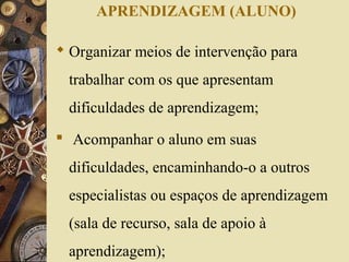 APRENDIZAGEM (ALUNO)
 Organizar meios de intervenção para
trabalhar com os que apresentam
dificuldades de aprendizagem;
 Acompanhar o aluno em suas
dificuldades, encaminhando-o a outros
especialistas ou espaços de aprendizagem
(sala de recurso, sala de apoio à
aprendizagem);
 