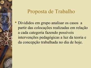 Proposta de Trabalho
 Divididos em grupo analisar os casos a
partir das colocações realizadas em relação
a cada categoria fazendo possíveis
intervenções pedagógicas a luz da teoria e
da concepção trabalhada no dia de hoje.
 