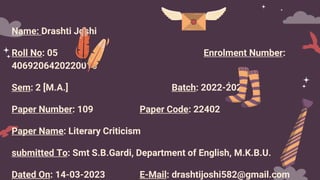 Name: Drashti Joshi
Roll No: 05 Enrolment Number:
4069206420220016
Sem: 2 [M.A.] Batch: 2022-2024
Paper Number: 109 Paper ...