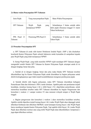 2.4 Batas waktu Penympaian SPT Tahunan
Jenis Pajak

SPT Tahunan

PPh Pasal 21
Tahunan

Yang menyampaikan Pajak

Wajib
Pajak
mempunyai NPWP

yang

Pemotong PPh Pasal 21

Batas Waktu Penyampaian

Selambatnya 3 bulan setelah akhir
tahin pajak (biasanya tanggal 31 maret
Tahun berikutnya)

Selambatnya 3 bulan setelah akhir
Tahun Pajak

2.5 Prosedur Penyampaian SPT
a. SPT Tahunan di cetak oleh kantor Direktorat Jendral Pajak ( DJP ), lalu disalurkan
keseluruh Kantor Pelayanan Pajak seluruh Indonesia untuk kemudian di sampaikan kepada
para Wajib Pajak yang telah mempunyai NPWP.
b. Setiap Wajib Pajak yang telah memiliki NPWP wajib mendapat SPT Tahunan dengan
mengambil sendiri blanko SPT Tahunan ke Kantor Pelayanan Pajak setempat untuk di isi
dengan lengkap, benar dan jelas.
c. Setelah di isi dengan lengkap, benar dan jelas maka blanko SPT Tahunan tersebut
dikembalikan lagi ke Kantor Pelayanan Pajak untuk diserahkan ke bagian pelayanan untuk
diteliti kelengkapannya agar tidak terjadi kesalahfahaman mengenai pembayaran pajak.
d. Setelah diteliti oleh bagian pelayanan, maka SPT Tahunan diserahkan kebagian
Pemeriksaan Data dan Informasi ( PDI ) untuk direkam. Apabila pada saat perekaman terjadi
kesalahan, misalnya kurang bayar ( kb ), lebih bayar ( lb ) diperlukan pemeriksaan, untuk
memeriksa kesalahan tersebut maka SPT Tahunan diserahkan ke bagian Pengawasan dan
konsultasi ( waskon ) 1 sampai waskon 1V atau menurut wilayah tempat si Wajib Pajak
tinggal.
e. Bagian pengawasan dan konsultasi ( waskon ) akan memeriksa kesalahan tersebut,
Apabila setelah diperiksa terjadi kurang bayar ( kb ) maka Wajib Pajak akan dipanggil untuk
diberikan himbauan dan diberikan SKPKB ( surat ketetapan kurang bayar ) dan Wajib Pajak
harus membayar kepada Kantor Pelayanan Pajak, Tapi apabila lebih bayar ( lb ) maka Wajib
Pajak akan diberikan restitusi atau uang milik Wajib Pajak akan dikembalikan ( konpensasi )
juga dapat diberikan restitusi.

 