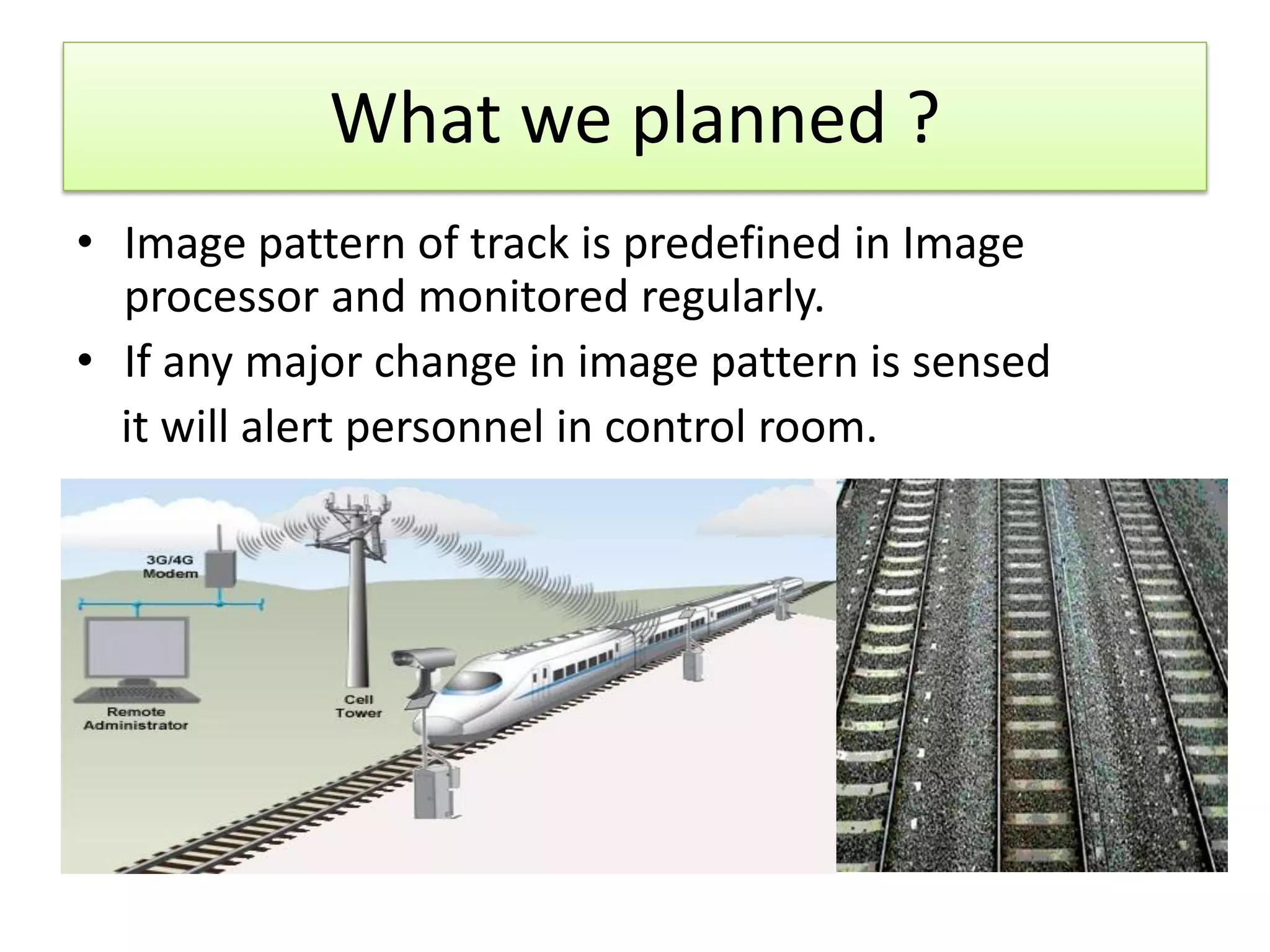 What we planned ?
• Image pattern of track is predefined in Image
processor and monitored regularly.
• If any major change in image pattern is sensed
it will alert personnel in control room.
 