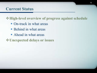 15 
Current Status 
High-level overview of progress against schedule 
 On-track in what areas 
 Behind in what areas 
 Ahead in what areas 
Unexpected delays or issues 
 