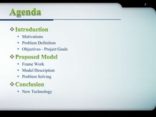 2 
 
 Motivations 
 Problem Definition 
 Objectives - Project Goals 
 
 Frame Work 
 Model Description 
 Problem Solving 
 
 New Technology 
 