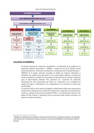 CALIDAD ACADÉMICA
El Consejo Nacional de Evaluación, Acreditación y Certificación de la Calidad de la
Educación Superior Universitaria – CONEAU - creado por la Ley Nº 28740, Ley del
Sistema Nacional de Evaluación, Acreditación y Certificación de la Calidad Educativa –
SINEACE; Es el órgano operador encargado de definir los criterios, indicadores y
estándares de medición para garantizar en las universidades públicas y privadas los
niveles aceptables de calidad, así como alentar la aplicación de las medidas requeridas
para su mejoramiento (Artículo 30°). Asimismo las Instancias de evaluación
institucional en cada universidad que deben ser construidas con el propósito de
analizar los logros y dificultades en el cumplimiento de sus funciones y metas (Ley
28740, 2006).
La estructura básica de los planes estratégicos institucionales debe estar enmarcada al
modelo del de calidad para la acreditación institucional2, y aplicadas a los principios de
sistemas y enfoque de procesos (Ver gráfica Nº05) y a las dimensiones, factores (Ver
gráfica Nº 06), criterios e indicadores que nos permita incidir nuestra actuación a la
mejora de nuestra institución.
2
Modelo de calidad para la Acreditación Institucional Universitaria, Consejo de Evaluación, Acreditación
y Certificación de la Calidad de la Educación Superior Universitaria (CONEAU), 25 de diciembre 2010, El
peruano.
PLAN OPERATIVO
INSTITUCIONAL
(POI)
PRESUPUESTO
ANUAL
PLAN ESTRAT.
INSTITUCIONAL DE
MEDIANO PLAZO
DE (PEI)
PLAN ESTRAT.
INSTITUCIONAL
DE MEDIANO
PLAZO DE SECTOR
(PEI)
PLAN OPERATIVO
INSTITUCIONAL
(POI)
PLAN OPERATIVO
INSTITUCIONAL
(POI)
PRESUPUESTO PRESUPUESTO
ORGANISMOS
ADSCRITOS
PLAN EST. INST. DE
MEDIANO PLAZO (PEI)
PLAN OPERATIVO
INSTITUCIONAL (POI)
PRESUPUESTO
PLAN EST. INST. DE
MEDIANO PLAZO (PEI)
PLAN OPERATIVO
INSTITUCIONAL (POI)
PRESUPUESTO
PLAN EST. INST. DE
MEDIANO PLAZO (PEI)
PLAN OPERATIVO
INSTITUCIONAL (POI)
PRESUPUESTO
Gráfico 03: Niveles de Planificación
 