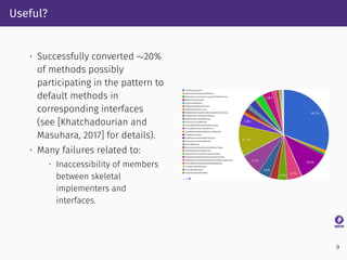 Useful?
• Successfully converted ∼20%
of methods possibly
participating in the pattern to
default methods in
corresponding interfaces
(see [Khatchadourian and
Masuhara, 2017] for details).
• Many failures related to:
• Inaccessibility of members
between skeletal
implementers and
interfaces.
9
 