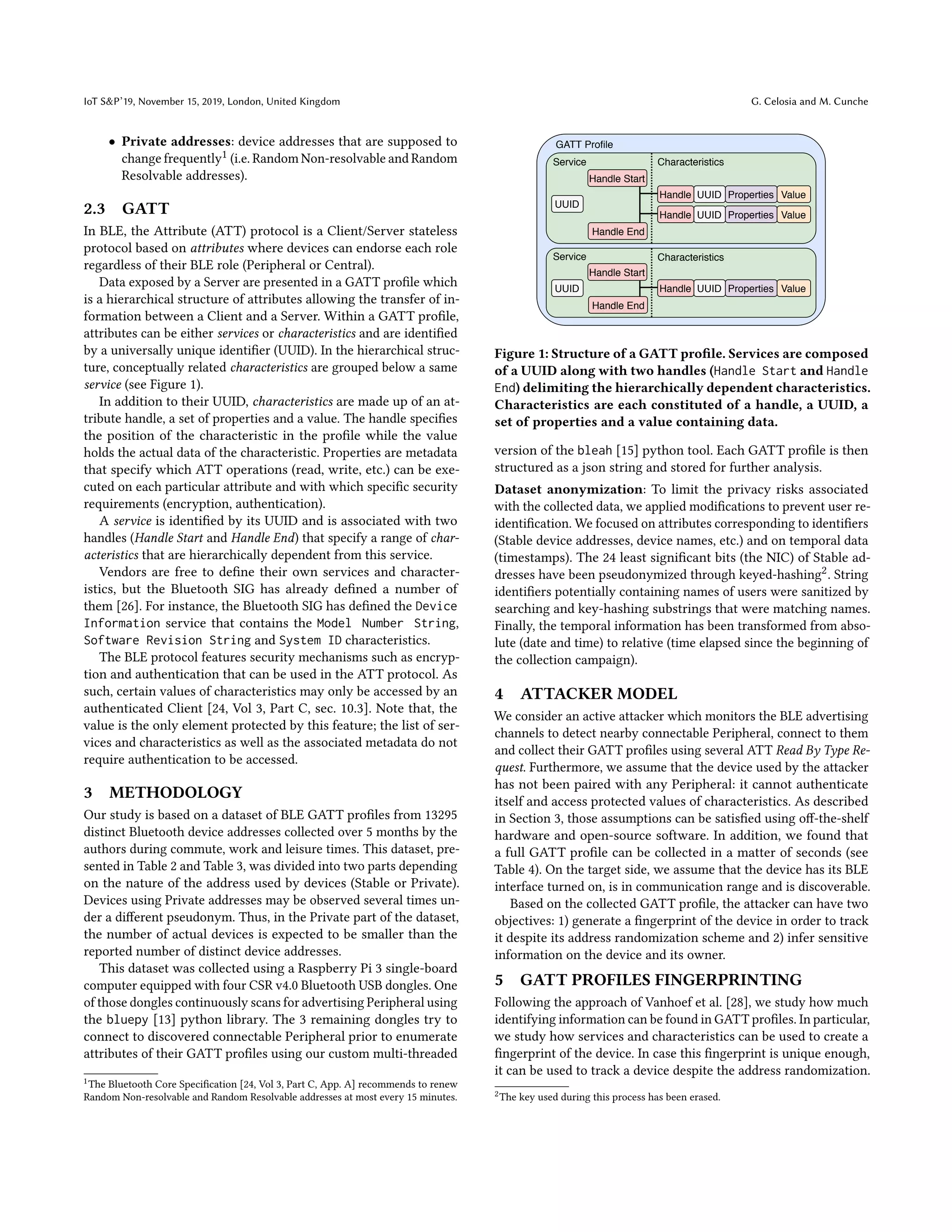 IoT S&P’19, November 15, 2019, London, United Kingdom G. Celosia and M. Cunche
• Private addresses: device addresses that are supposed to
change frequently1 (i.e. Random Non-resolvable and Random
Resolvable addresses).
2.3 GATT
In BLE, the Attribute (ATT) protocol is a Client/Server stateless
protocol based on attributes where devices can endorse each role
regardless of their BLE role (Peripheral or Central).
Data exposed by a Server are presented in a GATT profile which
is a hierarchical structure of attributes allowing the transfer of in-
formation between a Client and a Server. Within a GATT profile,
attributes can be either services or characteristics and are identified
by a universally unique identifier (UUID). In the hierarchical struc-
ture, conceptually related characteristics are grouped below a same
service (see Figure 1).
In addition to their UUID, characteristics are made up of an at-
tribute handle, a set of properties and a value. The handle specifies
the position of the characteristic in the profile while the value
holds the actual data of the characteristic. Properties are metadata
that specify which ATT operations (read, write, etc.) can be exe-
cuted on each particular attribute and with which specific security
requirements (encryption, authentication).
A service is identified by its UUID and is associated with two
handles (Handle Start and Handle End) that specify a range of char-
acteristics that are hierarchically dependent from this service.
Vendors are free to define their own services and character-
istics, but the Bluetooth SIG has already defined a number of
them [26]. For instance, the Bluetooth SIG has defined the Device
Information service that contains the Model Number String,
Software Revision String and System ID characteristics.
The BLE protocol features security mechanisms such as encryp-
tion and authentication that can be used in the ATT protocol. As
such, certain values of characteristics may only be accessed by an
authenticated Client [24, Vol 3, Part C, sec. 10.3]. Note that, the
value is the only element protected by this feature; the list of ser-
vices and characteristics as well as the associated metadata do not
require authentication to be accessed.
3 METHODOLOGY
Our study is based on a dataset of BLE GATT profiles from 13295
distinct Bluetooth device addresses collected over 5 months by the
authors during commute, work and leisure times. This dataset, pre-
sented in Table 2 and Table 3, was divided into two parts depending
on the nature of the address used by devices (Stable or Private).
Devices using Private addresses may be observed several times un-
der a different pseudonym. Thus, in the Private part of the dataset,
the number of actual devices is expected to be smaller than the
reported number of distinct device addresses.
This dataset was collected using a Raspberry Pi 3 single-board
computer equipped with four CSR v4.0 Bluetooth USB dongles. One
of those dongles continuously scans for advertising Peripheral using
the bluepy [13] python library. The 3 remaining dongles try to
connect to discovered connectable Peripheral prior to enumerate
attributes of their GATT profiles using our custom multi-threaded
1The Bluetooth Core Specification [24, Vol 3, Part C, App. A] recommends to renew
Random Non-resolvable and Random Resolvable addresses at most every 15 minutes.
GATT Proﬁle
UUID Properties Value
UUID Properties Value
Handle Start
Handle End
UUID Properties Value
Handle Start
Handle End
Handle
Handle
Handle
UUID
UUID
Service Characteristics
Service Characteristics
Figure 1: Structure of a GATT profile. Services are composed
of a UUID along with two handles (Handle Start and Handle
End) delimiting the hierarchically dependent characteristics.
Characteristics are each constituted of a handle, a UUID, a
set of properties and a value containing data.
version of the bleah [15] python tool. Each GATT profile is then
structured as a json string and stored for further analysis.
Dataset anonymization: To limit the privacy risks associated
with the collected data, we applied modifications to prevent user re-
identification. We focused on attributes corresponding to identifiers
(Stable device addresses, device names, etc.) and on temporal data
(timestamps). The 24 least significant bits (the NIC) of Stable ad-
dresses have been pseudonymized through keyed-hashing2. String
identifiers potentially containing names of users were sanitized by
searching and key-hashing substrings that were matching names.
Finally, the temporal information has been transformed from abso-
lute (date and time) to relative (time elapsed since the beginning of
the collection campaign).
4 ATTACKER MODEL
We consider an active attacker which monitors the BLE advertising
channels to detect nearby connectable Peripheral, connect to them
and collect their GATT profiles using several ATT Read By Type Re-
quest. Furthermore, we assume that the device used by the attacker
has not been paired with any Peripheral: it cannot authenticate
itself and access protected values of characteristics. As described
in Section 3, those assumptions can be satisfied using off-the-shelf
hardware and open-source software. In addition, we found that
a full GATT profile can be collected in a matter of seconds (see
Table 4). On the target side, we assume that the device has its BLE
interface turned on, is in communication range and is discoverable.
Based on the collected GATT profile, the attacker can have two
objectives: 1) generate a fingerprint of the device in order to track
it despite its address randomization scheme and 2) infer sensitive
information on the device and its owner.
5 GATT PROFILES FINGERPRINTING
Following the approach of Vanhoef et al. [28], we study how much
identifying information can be found in GATT profiles. In particular,
we study how services and characteristics can be used to create a
fingerprint of the device. In case this fingerprint is unique enough,
it can be used to track a device despite the address randomization.
2The key used during this process has been erased.
 