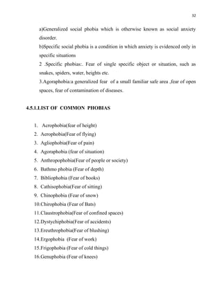 32
a)Generalized social phobia which is otherwise known as social anxiety
disorder.
b)Specific social phobia is a condition in which anxiety is evidenced only in
specific situations
2 .Specific phobias:. Fear of single specific object or situation, such as
snakes, spiders, water, heights etc.
3.Agoraphobia:a generalized fear of a small familiar safe area ,fear of open
spaces, fear of contamination of diseases.
4.5.1.LIST OF COMMON PHOBIAS
1. Acrophobia(fear of height)
2. Aerophobia(Fear of flying)
3. Agliophobia(Fear of pain)
4. Agoraphobia (fear of situation)
5. Anthropophobia(Fear of people or society)
6. Bathmo phobia (Fear of depth)
7. Bibliophobia (Fear of books)
8. Cathisophobia(Fear of sitting)
9. Chinophobia (Fear of snow)
10.Chirophobia (Fear of Bats)
11.Claustrophobia(Fear of confined spaces)
12.Dystychiphobia(Fear of accidents)
13.Ereuthrophobia(Fear of blushing)
14.Ergophobia (Fear of work)
15.Frigophobia (Fear of cold things)
16.Genuphobia (Fear of knees)
 