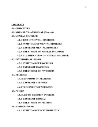 11
CONTENTS
4.0. OBJECTIVES
4.1. NORMAL VS. ABNORMAL (Concept)
4.2. MENTAL DISORDER
4.2.1. LIST OF MENTAL DISORDER
4.2.2. SYMPTOMS OF MENTAL DISORDER
4.2.3. CAUSES OF MENTAL DISORDER
4.2.4. TREATMENT OF MENTAL DISORDER
4.2.5. CLASSIFICATION OF MENTAL DISORDER
4.3. PSYCHOSIS- NEUROSIS
4.3.1. SYMPTOMS OF PSYCHOSIS
4.3.2. CAUSES OF PSYCHOSIS
4.3.3. TREATMENT OF PSYCHOSIS
4.4. NEUROSIS
4.4.1.SYMPTOMS OF NEUROSIS
4.4.2. CAUSES OF NEUROSIS
4.4.3.TREATMENT OF NEUROSIS
4.5. PHOBIA
4.5.1.LIST OF COMMON PHOBIAS
4.5.2. CAUSES OF PHOBIA :
4.5.3. TREATMENT OF PHOBIAS
4.6. SCHIZOPHRENIA
4.6.1. SYMPTOMS OF SCHIZOPHRENIA
 
