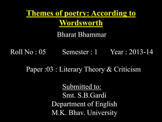 Themes of poetry: According to
Wordsworth
Bharat Bhammar
Roll No : 05

Semester : 1

Year : 2013-14

Paper :03 : Literary Theory & Criticism
Submitted to:
Smt. S.B.Gardi
Department of English
M.K. Bhav. University

 