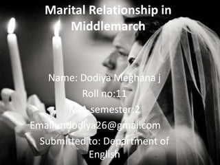 Marital Relationship in
Middlemarch
Name: Dodiya Meghana j
Roll no:11
M.A.semester:2
Email:mdodiya26@gmai.com
Submitted to: Department of
English
 