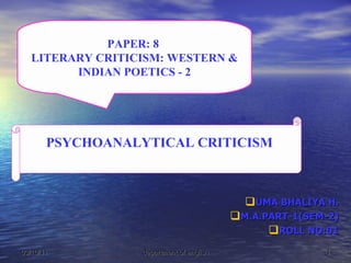 [object Object],[object Object],[object Object],03/10/11 department of english PSYCHOANALYTICAL CRITICISM PAPER: 8  LITERARY CRITICISM: WESTERN & INDIAN POETICS - 2 