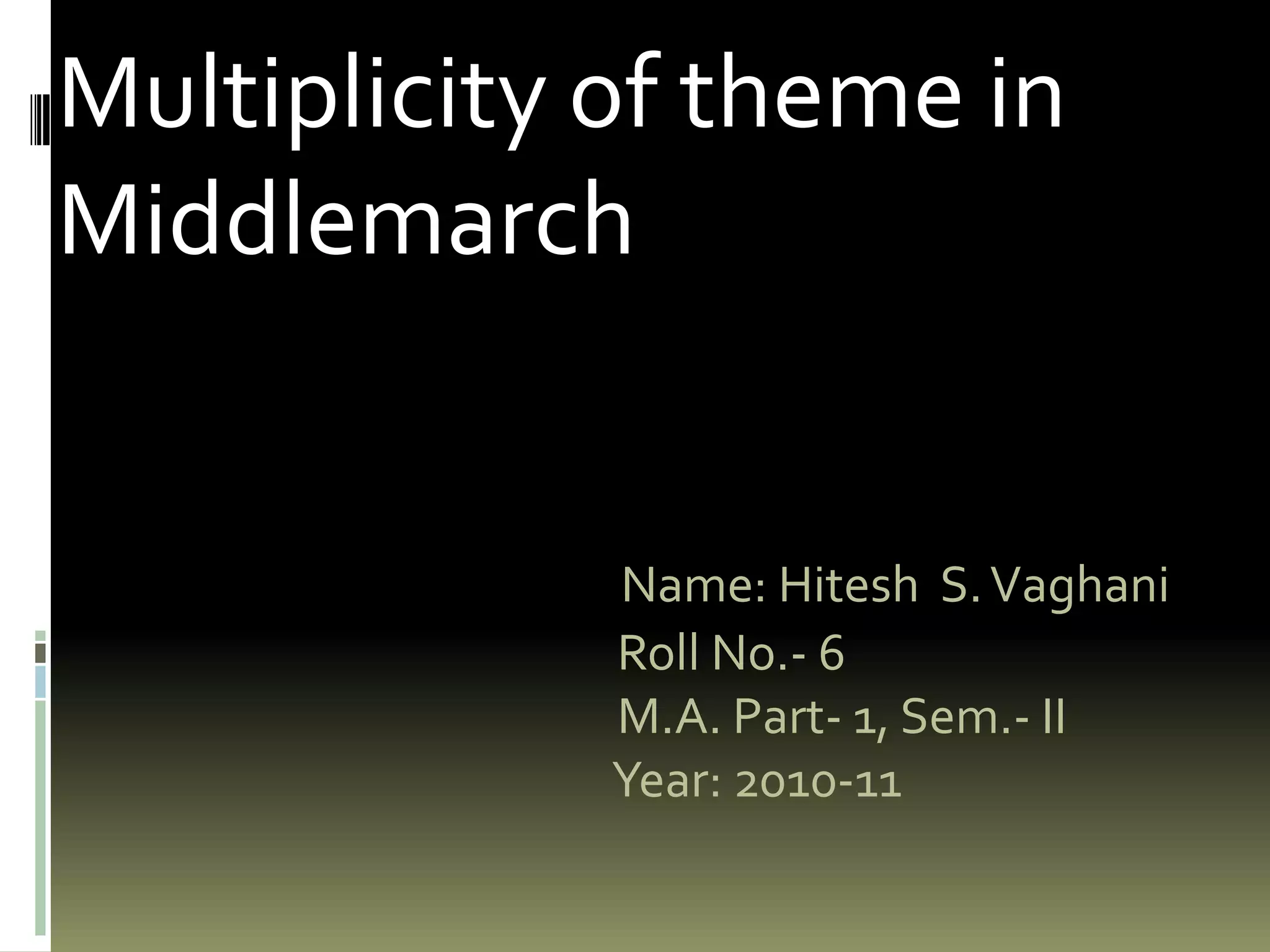 Multiplicity of theme in Middlemarch Name: Hitesh S. Vaghani Roll No.- 6 M.A. Part- 1, Sem.- II Year: 2010-11