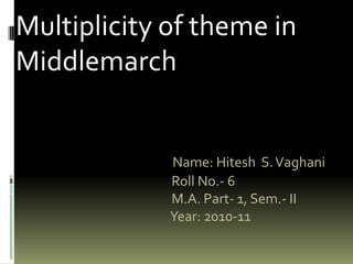 Multiplicity of theme in Middlemarch     Name: Hitesh  S. Vaghani                                                      Roll No.- 6                                                      M.A. Part- 1, Sem.- II                                                      Year: 2010-11 