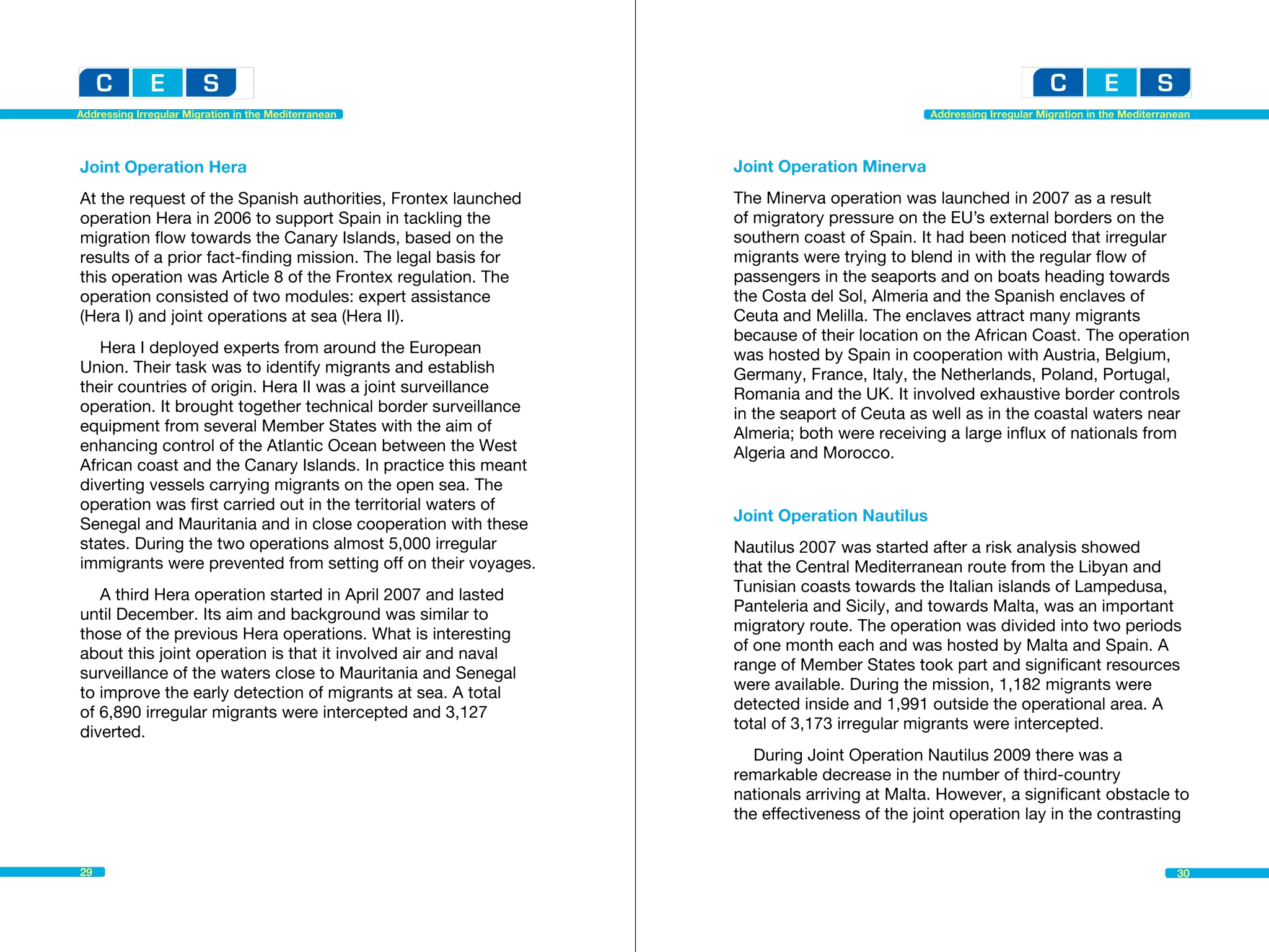 Addressing Irregular Migration in the Mediterranean                                       Addressing Irregular Migration in the Mediterranean




Joint Operation Hera                                           Joint Operation Minerva
At the request of the Spanish authorities, Frontex launched    The Minerva operation was launched in 2007 as a result
operation Hera in 2006 to support Spain in tackling the        of migratory pressure on the EU’s external borders on the
migration flow towards the Canary Islands, based on the        southern coast of Spain. It had been noticed that irregular
results of a prior fact-finding mission. The legal basis for   migrants were trying to blend in with the regular flow of
this operation was Article 8 of the Frontex regulation. The    passengers in the seaports and on boats heading towards
operation consisted of two modules: expert assistance          the Costa del Sol, Almeria and the Spanish enclaves of
(Hera I) and joint operations at sea (Hera II).                Ceuta and Melilla. The enclaves attract many migrants
                                                               because of their location on the African Coast. The operation
   Hera I deployed experts from around the European            was hosted by Spain in cooperation with Austria, Belgium,
Union. Their task was to identify migrants and establish       Germany, France, Italy, the Netherlands, Poland, Portugal,
their countries of origin. Hera II was a joint surveillance    Romania and the UK. It involved exhaustive border controls
operation. It brought together technical border surveillance   in the seaport of Ceuta as well as in the coastal waters near
equipment from several Member States with the aim of           Almeria; both were receiving a large influx of nationals from
enhancing control of the Atlantic Ocean between the West       Algeria and Morocco.
African coast and the Canary Islands. In practice this meant
diverting vessels carrying migrants on the open sea. The
operation was first carried out in the territorial waters of
Senegal and Mauritania and in close cooperation with these     Joint Operation Nautilus
states. During the two operations almost 5,000 irregular       Nautilus 2007 was started after a risk analysis showed
immigrants were prevented from setting off on their voyages.   that the Central Mediterranean route from the Libyan and
   A third Hera operation started in April 2007 and lasted     Tunisian coasts towards the Italian islands of Lampedusa,
until December. Its aim and background was similar to          Panteleria and Sicily, and towards Malta, was an important
those of the previous Hera operations. What is interesting     migratory route. The operation was divided into two periods
about this joint operation is that it involved air and naval   of one month each and was hosted by Malta and Spain. A
surveillance of the waters close to Mauritania and Senegal     range of Member States took part and significant resources
to improve the early detection of migrants at sea. A total     were available. During the mission, 1,182 migrants were
of 6,890 irregular migrants were intercepted and 3,127         detected inside and 1,991 outside the operational area. A
diverted.                                                      total of 3,173 irregular migrants were intercepted.
                                                                  During Joint Operation Nautilus 2009 there was a
                                                               remarkable decrease in the number of third-country
                                                               nationals arriving at Malta. However, a significant obstacle to
                                                               the effectiveness of the joint operation lay in the contrasting


29                                                                                                                                        30
 