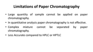 Limitations of Paper Chromatography
• Large quantity of sample cannot be applied on paper
chromatography.
• In quantitative analysis paper chromatography is not effective.
• Complex mixture cannot be separated by paper
chromatography.
• Less Accurate compared to HPLC or HPTLC
 