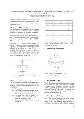International Journal of Research in Advent Technology, Vol.3, No.12, December 2015
E-ISSN: 2321-9637
Available online at www.ijrat.org
34
polynomials for any m order code. It is again a task
to find good polynomials which are normally found
by trial and error method using computer
simulations.[1][5]
4.3 Example : (2,1,3) Convolution encoder
For understanding the working of a convolutional
encoder and the forward error correction
technique,we have taken the following assumptions.
(a) We are using a (2, 1, 3) convolutional encoder.
(b) A 3-bit input sequence [1 0 1] is specified bits.
(c) 2 generator polynomials [1 1 1] and [1 0 1] are
used.
Figure 3 is a (2, 1, 3) convolutional encoder. This
encoder is going to be used to encode the 3-bit input
sequence [1 0 1] with the two generator polynomials
specified by the bits [1 1 1] and [1 0 1]. u1
represents the input bit, and v1 and v2 represent the
output bits 1 and 2 respectively. u0 and u-1
represent the initial state of the memory registers
which are initially set to zero.[1][4][2]
Figure 3: A (2,1,3) convolution encoder
4.4 State representation of convolution encoder
The convolutional encoder can use a look-up table,
otherwise called the state transition table to do the
encoding. The state transition table consists of four
items:[6][7]
a) The input bit.
b) The state of the encoder, which is one of
the 4 possible states (00 01 10 11) for
the (2, 1, 3) convolutional encoder.
c) The output bits, which for the (2, 1, 3)
convolutional encoder are: 00 01 10 11,
since only two bits are output.
d) The output state which is the input state for
the next bit.
Table 1: State transition table for the (2, 1, 3)
convolutional encoder
4.5 State Diagram Representation
Figure 4 : State diagram for the (2, 1, 3)
convolutional encoder [1]
5. VITERBI DECODER
Viterbi decoders work on Viterbi algorithm to decode
the encoded data. The Viterbi decoding algorithm
was discovered and analyzed by Viterbi in 1967. The
Viterbi algorithm essentially performs maximum
likelihood decoding; however, it reduces the
computational load by taking advantage of the special
structure in the code trellis [8] .
5.1. Viterbi Decoding Technique
The Viterbi decoder examines an entire received
sequence of a given length. The decoder computes a
metric for each path and makes a decision based on
this metric. All paths are followed until two paths
 