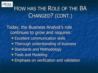 Today, the Business Analyst’s role continues to grow and requires: Excellent communication skills Thorough understanding of business Standards and Methodology Tools and Modeling Emphasis on verification and validation H OW HAS THE  R OLE OF THE  BA C HANGED ?  (CONT.) 